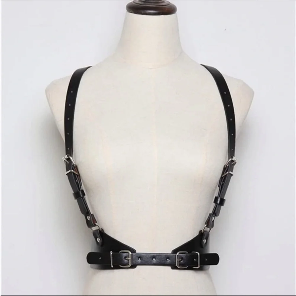 - Harness Belt Black Leather Goth Rave Adjustable *NEW*
